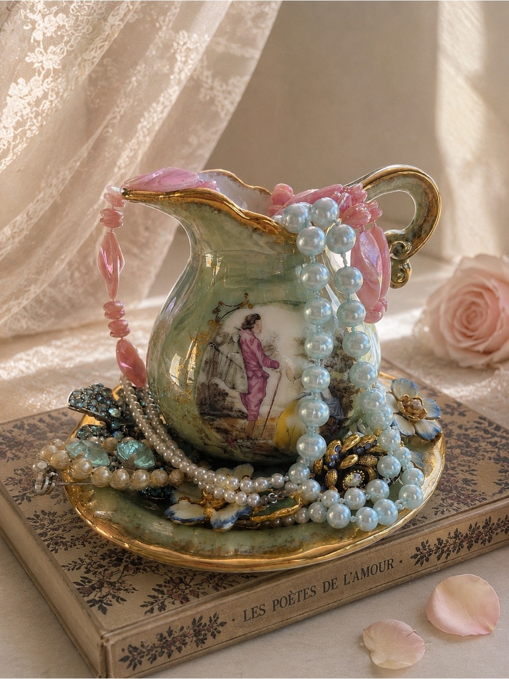🌸🧚‍♀️ Japan Courting Couple Small Pitcher &  Saucer Set with Jewelry